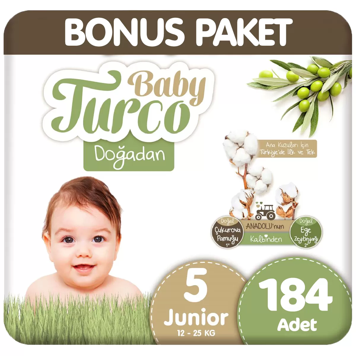 Baby Turco Doğadan Bonus Paket Bebek Bezi 5 Beden 92x2 184 Adet