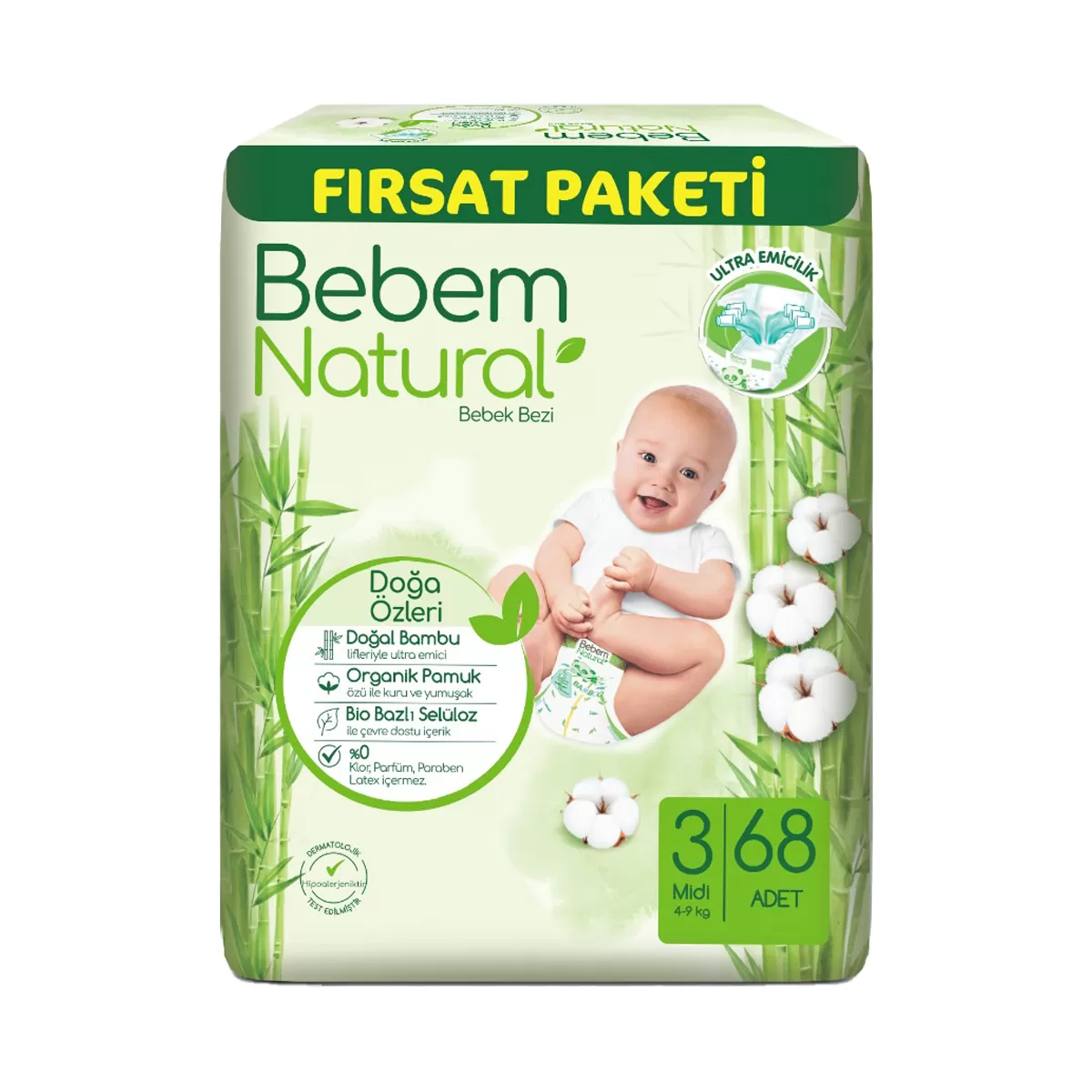 Bebem Natural Bebek Bezi Fırsat Paketi 3 Beden 68 Adet