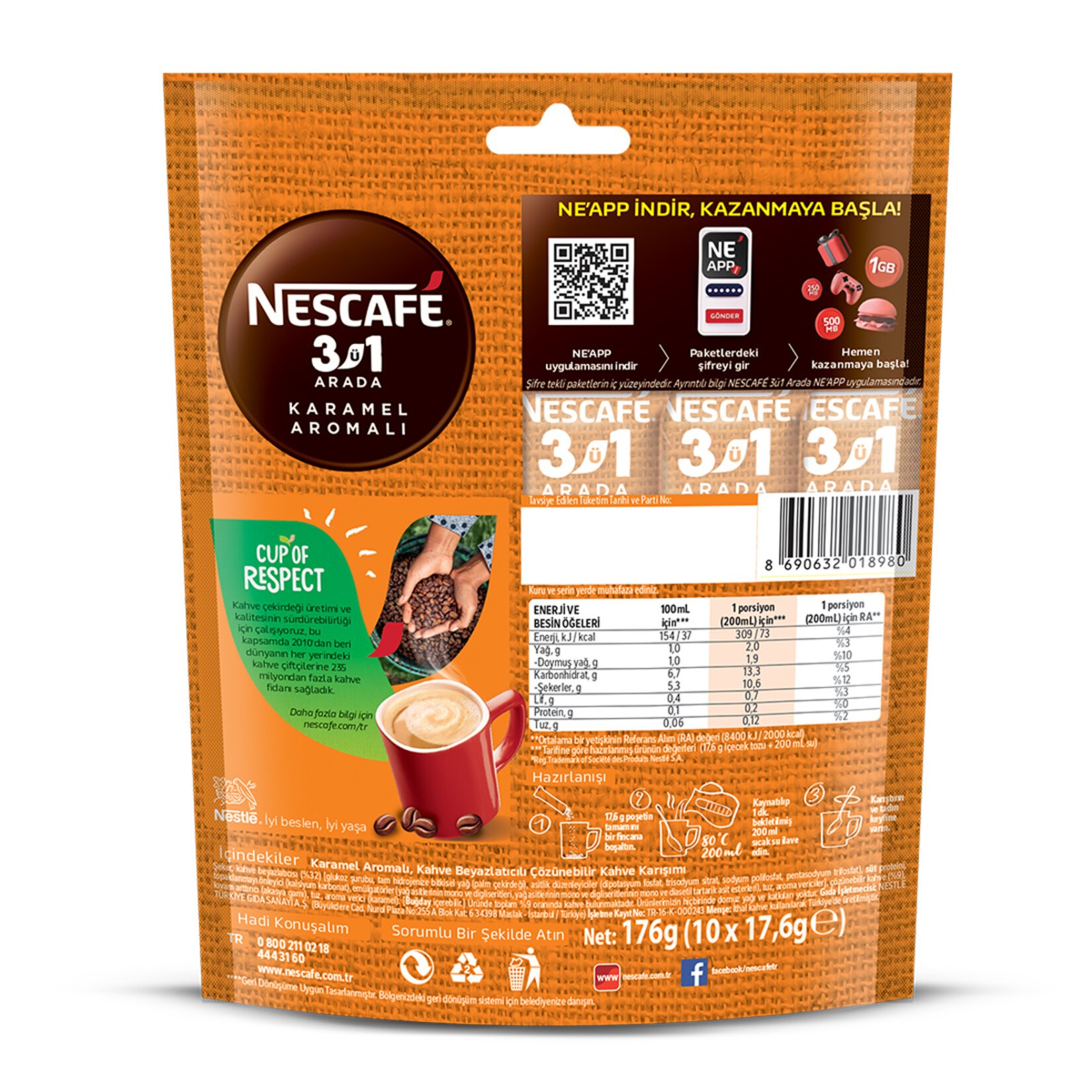 Nescafe 3'ü 1 Arada Karamel Aromalı Kahve 17,6 gr 50 Adet