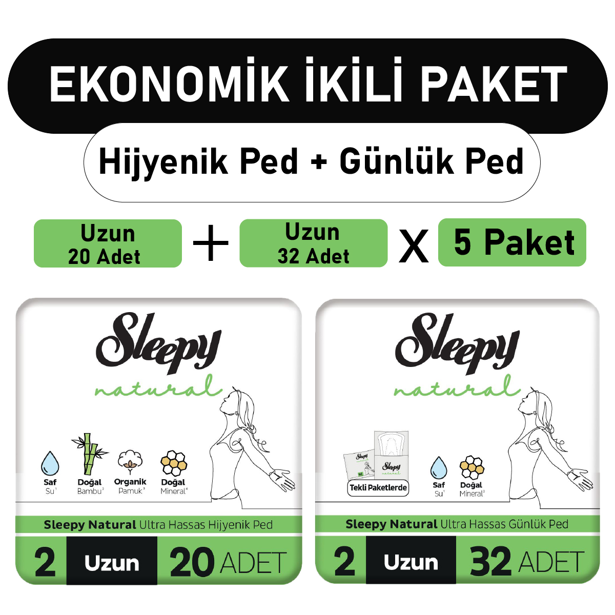 Sleepy Natural Ultra Ped Uzun 20 Adet + Uzun Günlük Ped 32 Adet x5 Paket