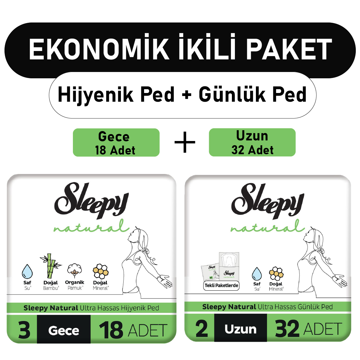 Sleepy Natural Ultra Ped Gece 18 Adet + Uzun Günlük Ped 32 Adet