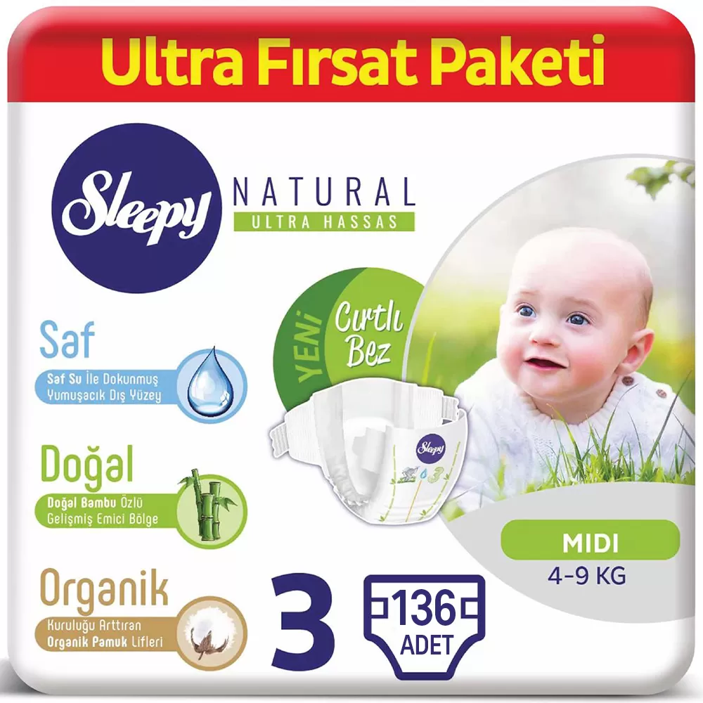 Sleepy Natural Bebek Bezi 3 Beden Ultra Fırsat Paketi 136 Adet